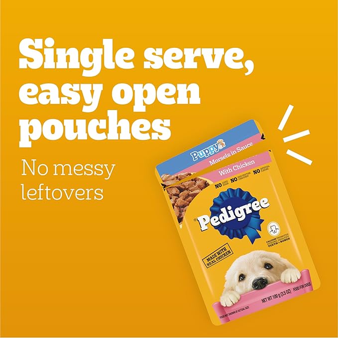 Pedigree Puppy Food Morsels in Sauce, Wet Dog Food Pouches Variety Pack, 3.5 oz. Pouches, 18 Count (Pack of 2)