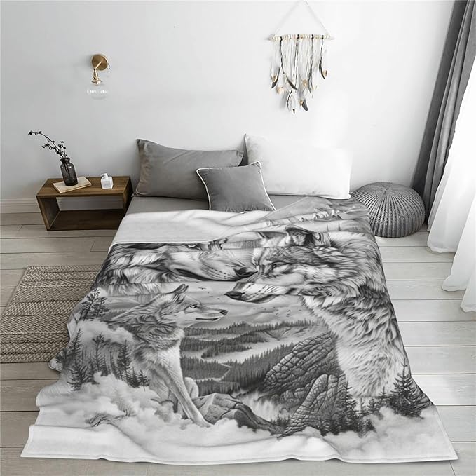 banonaty Wolf Blanket Wolfs Throw Blankets Cozy Fleece Flannel Gray and White Blanket Bedding Wolf Stuff Gifts for Men Women Boys Girls Teens Adults for Couch Sofa Bed Decor 50"X60"