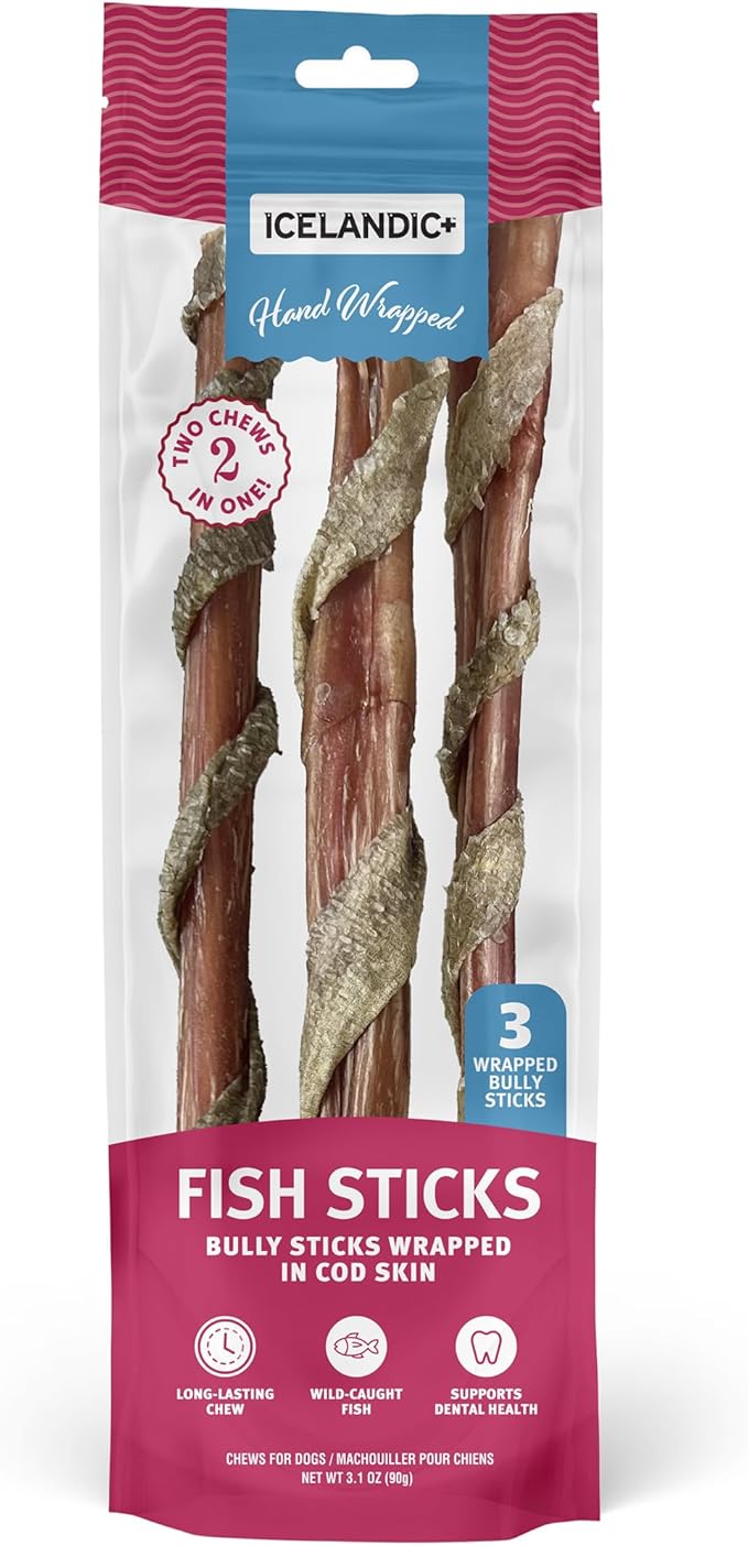 Icelandic+ Fish Sticks - Bully Stick Wrapped in Cod Skin - 3 Pack, 12" - Dog Treats, 2 Ingredient Chews, Hand-Wrapped Wild-Caught Fish, Pet Snacks
