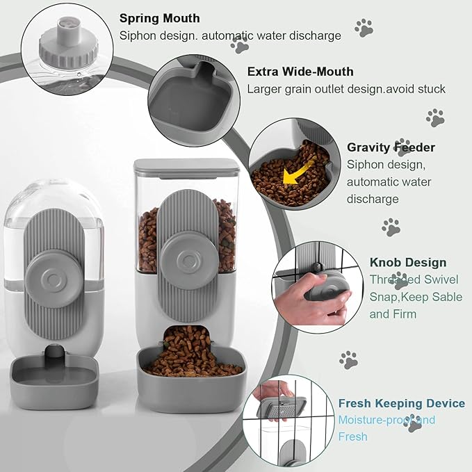Lemtrflo Hanging Automatic Rabbit Feeder for Cage,Dog Cat Food and Water Dispenser,Rabbit Water Bottle Guinea Pig Food Bowl Set,Gravity Feeder for Cats Dogs (Gray)