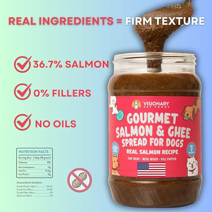 Visionary Pet Foods Salmon Meat Spread - Healthy Dog Treat - Alternative to Dog Peanut Butter, Xylitol Free, No Sugar and Filler Free - Use on Lick Mat, Food Mixer, Pill Pockets - 12oz Jar