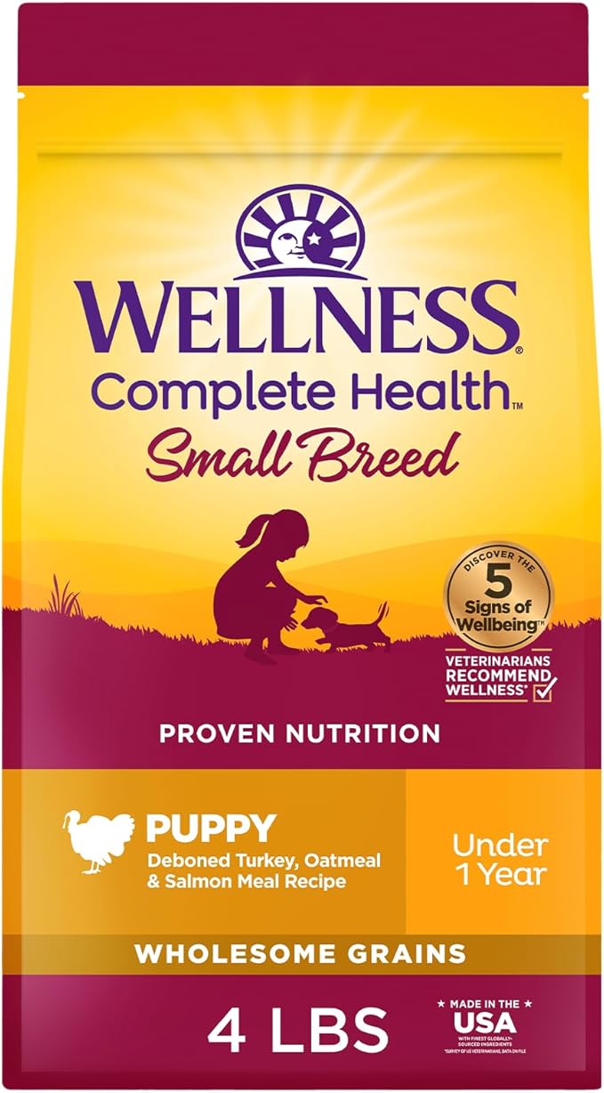 Wellness Complete Health Puppy Dry Dog Food, Small Breed, Wholesome Grains, Natural, Turkey, Oatmeal, & Salmon Recipe, (4-Pound Bag)