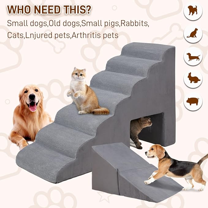 7-Step Dog Stairs for High Bed 30-36" H, Dog Steps for High Bed Couch, Pet Steps for Small, Older Pets, Non-Slip Balanced Pet Ramp Indoor, Grey