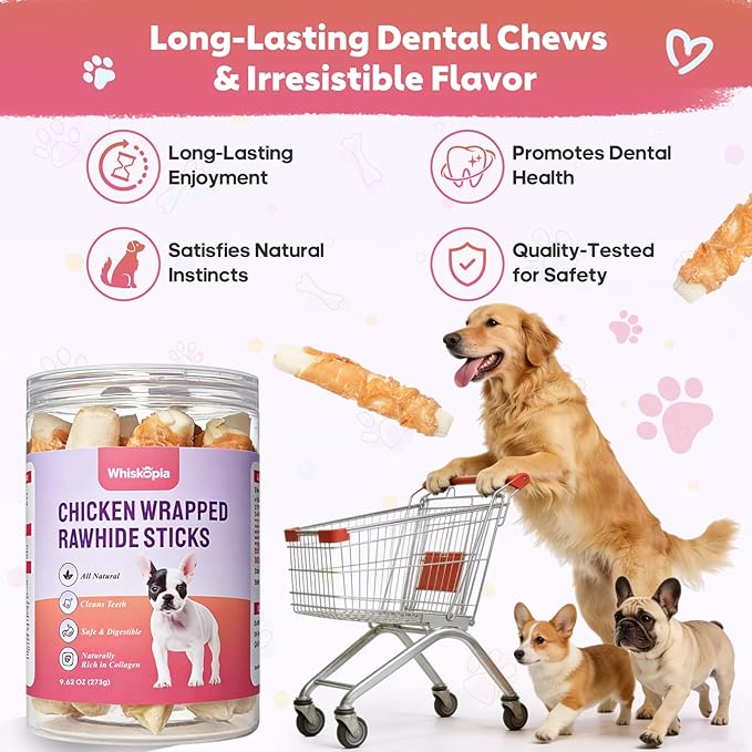 Dog Rawhide Chews Chicken Wrapped Rawhide Dog Treats Long-Lasting Chew Sticks for Teeth Cleaning High-Protein Training Rewards for Medium & Large Breeds Aggressive Chewers Snacks, 9.62 oz