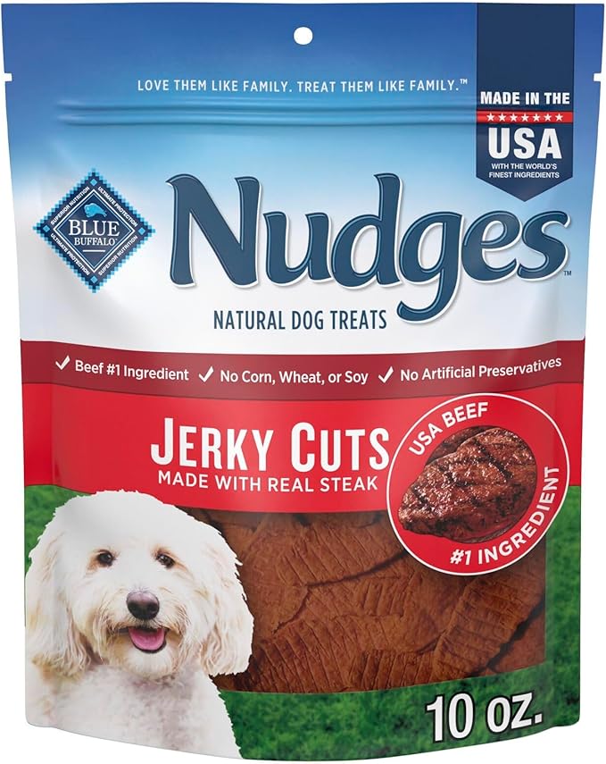 Blue Buffalo Nudges Jerky Cuts Dog Treats, Made in the USA with Natural Ingredients, Steak, 10-oz Bag (Pack of 6)
