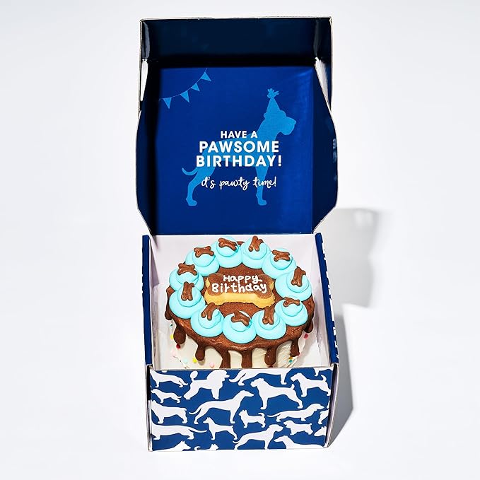 Thoughtfully Pets, Blue Dog Happy Birthday Mini Cookie Cake, Blue, Peanut Butter Flavored, Hand Decorated Hollow Biscuit Cake for All Dog Breeds
