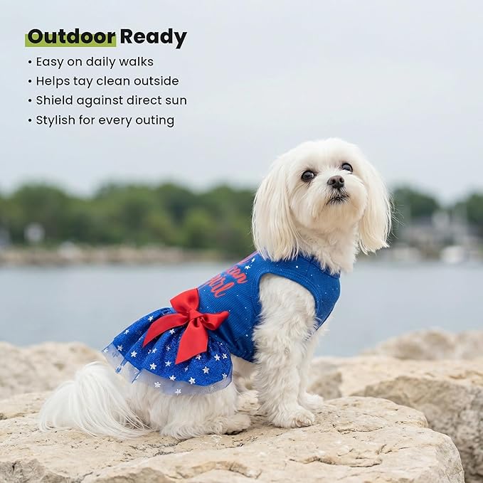 Fitwarm All American Girl Dog Dress, 4th of July Clothes for Small Dogs, Patriotic Tulle Dress, Pet Outfit, Royal Blue, Red, White, Medium