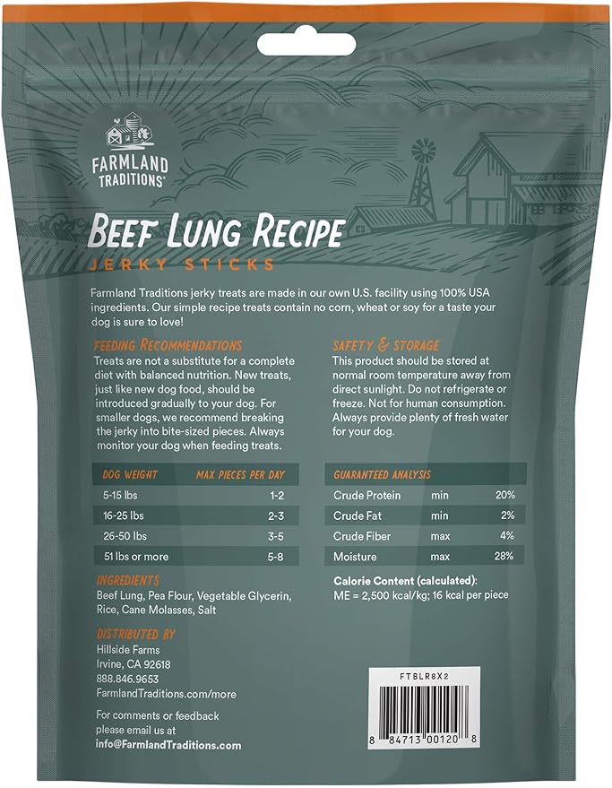 Farmland Traditions Beef Lung Recipe Jerky Dog Treats, High-Protein Dog Jerky Sticks, Wheat-Free & Made in USA for All Breeds & Sizes, 8.2 Oz Bag (Pack of 6)