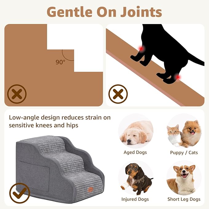 Woochpet 15.7”H Ramp Dog Stairs for Small Dogs, Side Armrest 3 Tier Wider Curved Pet Stairs for Couch and Beds，High-Density Foam Indoor Dog Steps with Non-Slip Bottom and Washable Cover for Old Cats