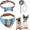BINGPET Puppy Collar and Leash Set for Medium Dogs, Plaid Bowtie Dog Collars Bandana for Boy Girl Dogs, Cute Adjustable Collar and Leash Set with Bow for Dog Cat Outdoor Walking, Blue M (No Bell)