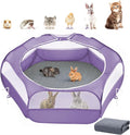2-in-1 Small Animals Playpen with Pad, Waterproof Small Pet Cage Tent with Reusable Pad, Portable Outdoor Yard Fence with 3 Metal Rod for Chick/Kitten/Puppy/Guinea Pig/Rabbits/Chinchillas, Purple+Gray