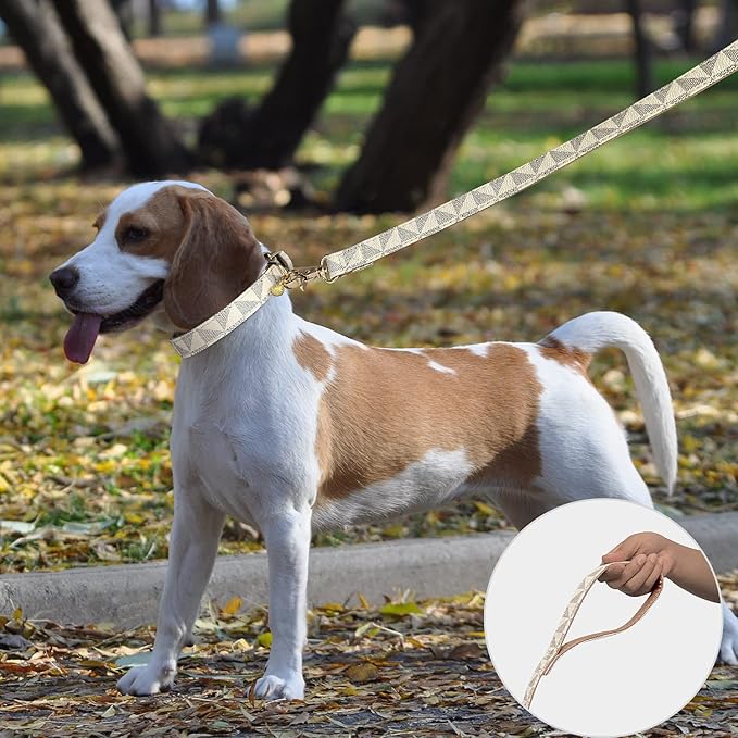 Dog Leather Collar and 4 ft Leash, KUDES Adjustable Basic Collar with Bell Leather Pet Leash Set, Checkered Pattern Durable Leather Collar and Leash with Metal Buckle for Small Medium Large Dogs