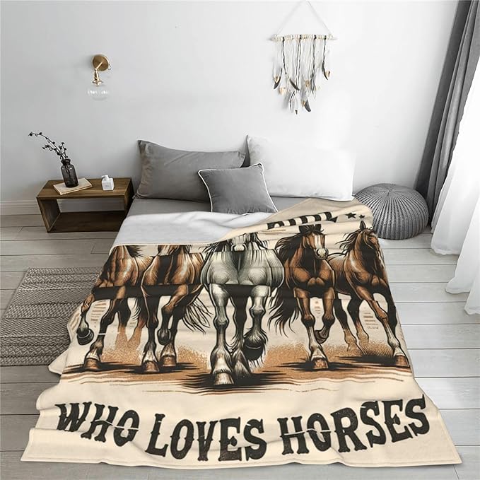 SweetFox Just A Girl Who Loves Horses Blanket, Horse Decor Throw Blanket Gifts for Girls Boys Lovers Super Warm Soft Plush Fleece Flannel Winter Bedding Blankets for Kids Adults Men Women 80"X60"