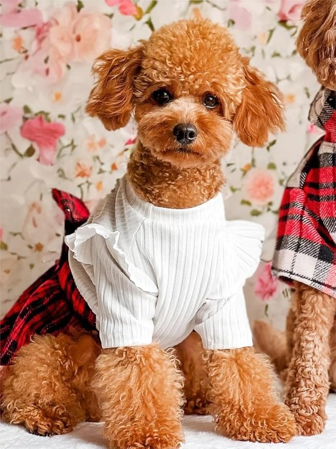 Fitwarm Knitted Plaid Sweater Dress, Christmas Outfit, Winter Clothes for Small Dogs & Cats, White & Red, Small