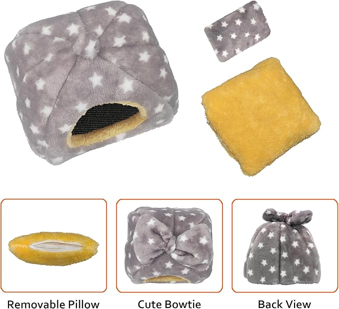 Guinea Pig Bed, Guinea Pig Warm Hideout House Accessories Cozy Bed for Small Animals Hamsters Chinchillas Dwarf Bunnies Hedgehogs. M, Light Grey Stars.
