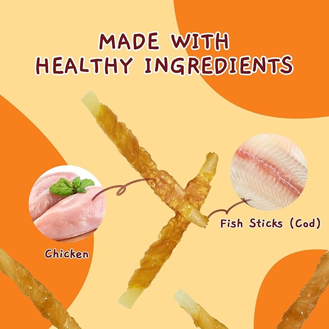 Jungle Calling Rawhide Free Treats for Dogs, Chicken Wrapped Cod Sticks Dog Treats, Soft Chewy Snacks for Training Rewards, 10.6 oz (Chicken)