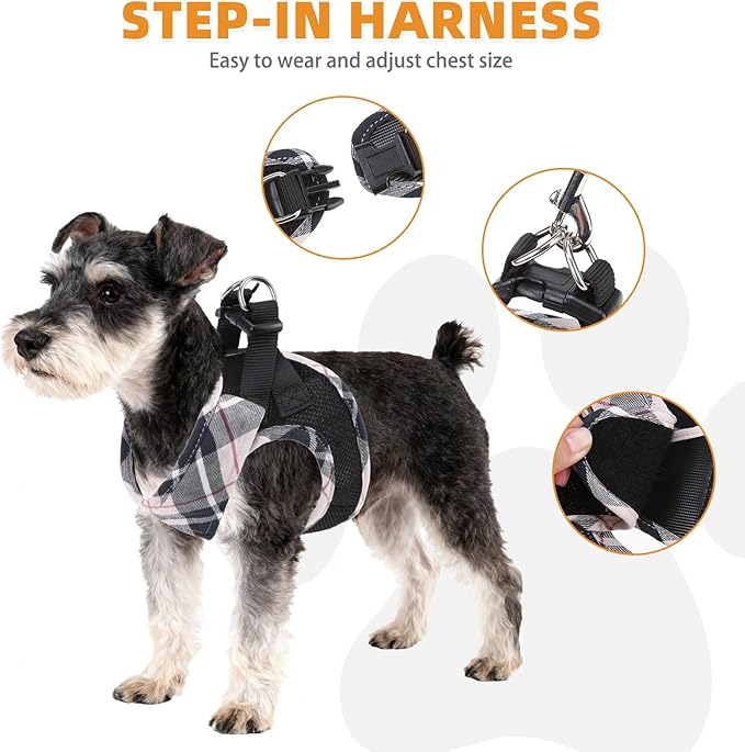KOOLTAIL Dog Harness and Leash Set, Cute Dog Harness Medium Sized Dog, Step in No Pull Soft Mesh Pet Vest Harness Collar for Dogs Cats Boy Girl, Plaid Puppy Halters for Outdoor Walking, Beige M