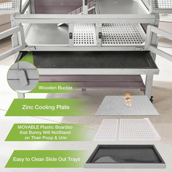 Guinea Pig Cags Indoor, Large Rabbit Hutch with Wheels, Wooden Hamster Cage with Chew-Proof Ram, Zinc Cool Plate and Plastic Floor, Small Animals Cage Habitat with Pull Out Tray (Light Grey)