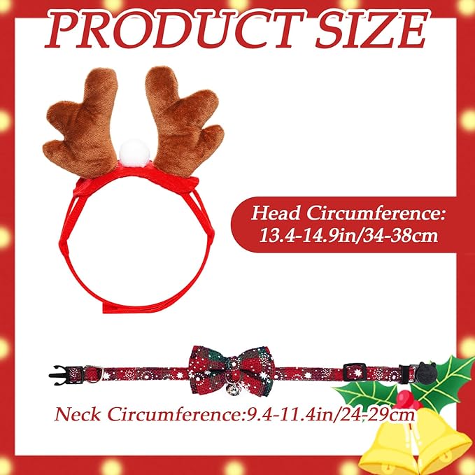 Cat Christmas Costume Reindeer Headband and Collar for Small Cat Dog Christmas Halloween Party Cosplay Supplies (Dark Green)
