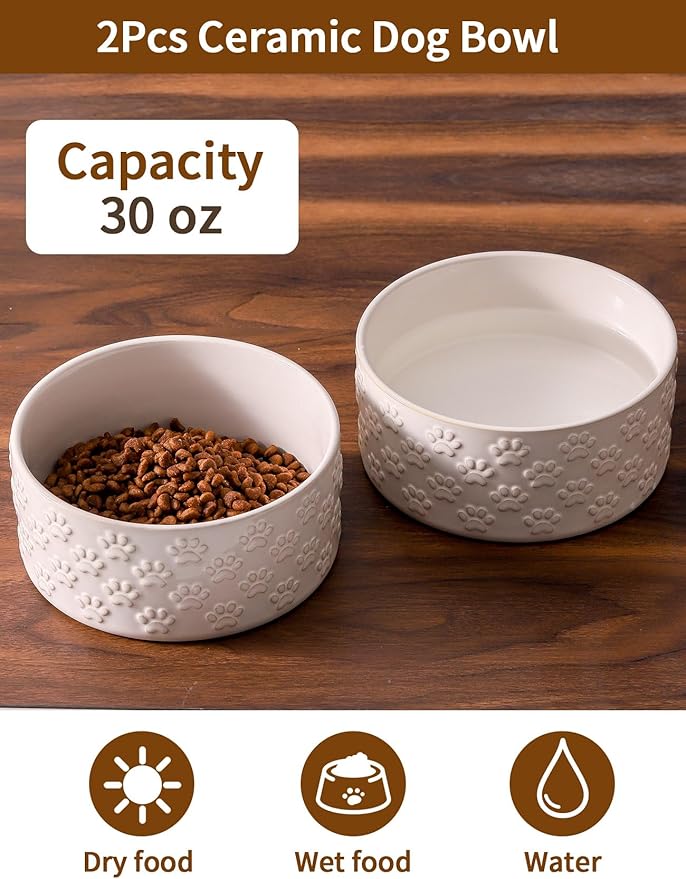 UBEE Ceramic Dog Bowl Set of 2, Dog Food Bowl Dish, Pet Food Water Dish Feeding for Small and Meidum Dogs and Large Cat, White, Paw Pattern, 6.1 in-Medium