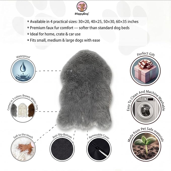 IHAPPYDOG Luxury Faux Fur Orthopedic Dog Bed, Memory Foam Dog Bed for Small, Medium, Large and XL Pets, Fluffy Pet Rug with Waterproof and Washable Cover (Grey, 30"x20")