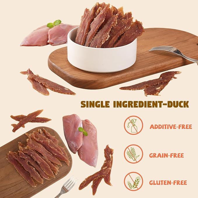 Duck Jerky Tenders w/1% Taurine, Natural Duck Jerky Strips Dog Treats, Dog Training Rewards Snacks High Protein Easy to Digest, Rawhide-Free, Gluten-Free, for All Life Stage Dogs,10.58 oz