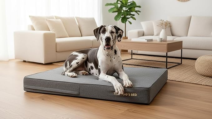 The Dog’s Bed Orthopedic Memory Foam Dog Bed for XXL Dogs, Waterproof Washable Cover, Anti-Slip Base, Calming Surface – CertiPUR-Certified Foam, Grey Linen, 6 Inch Thick
