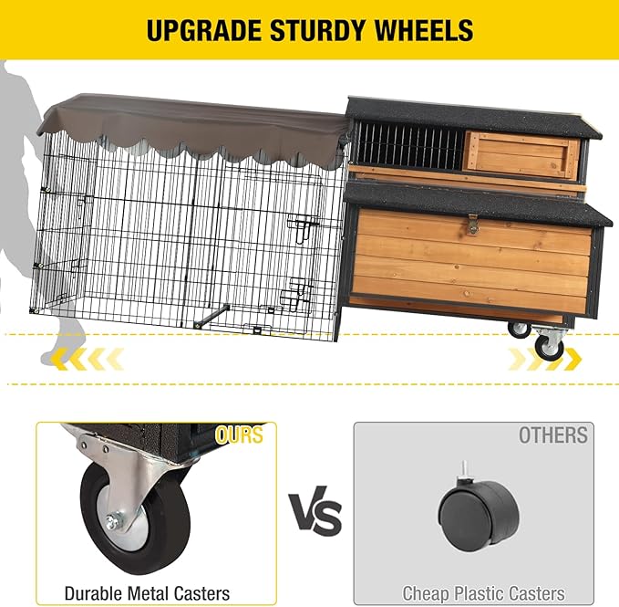 Large Chicken Coop for 6-8 Chickens, Mobile Chicken Tractor with Wheels and Sturdy Metal Frame, Nesting Box and Pull-Out Tray, Weatherproof Hen House for Backyard Farm Garden, Easy to Clean & Assemble