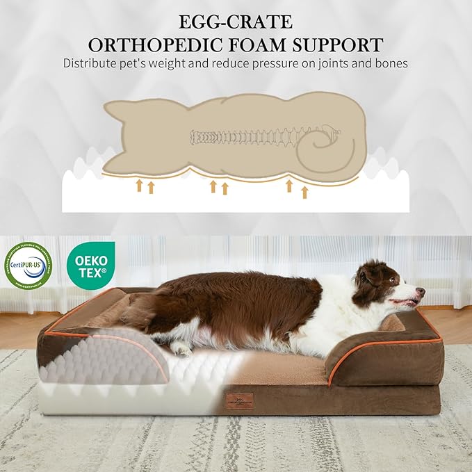 Comfort Expression Orthopedic Dog Bed for Medium Dogs 30x20 Inch, Waterproof Supportive Egg Crate Foam Medium Pet Bed with Removable Bolsters, Dog Couch with Washable Cover & Non-Slip Bottom, Brown