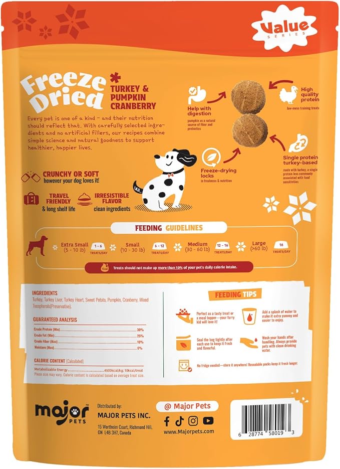 MAJOR PETS Freeze Dried Turkey Dog Treats with Pumpkin & Cranberry, Limited Ingredient High Protein Snacks for Digestive & Urinary Health, Grain Free, Training Reward & Meal Topper, Made in USA, 10oz