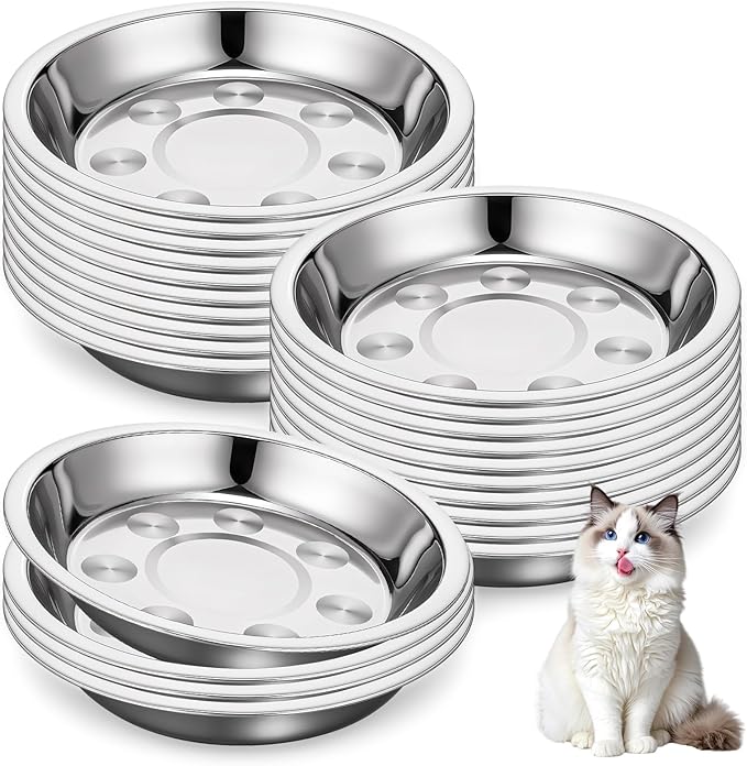 Giantree 24 Pcs Shallow Wide Stainless Steel Cat Bowls, Whisker Fatigue Relief Metal Pet Dishes Cat Food Feeding Plates Replacement for Small Dogs Cats and Other Small Animals