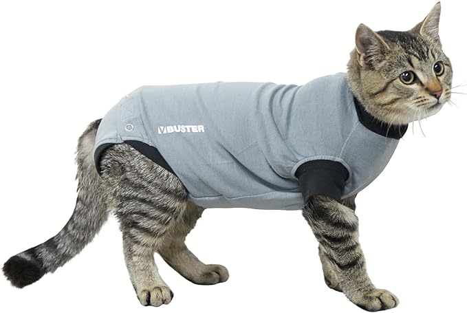 Kruuse Buster EasyGo Recovery Suit for Cats – Black/Grey (XX Small, 13.5") – Soft, Breathable Post-Surgery Bodysuit for Wound Care, Hot Spots & Incontinence – Comfortable Protection for Cats