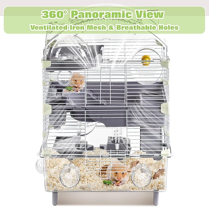 Multilevel Hamster Cage Starter Kit 18″Lx11″Wx23″H for Dwarf Hamster Under 3″ in Length with Platforms, 3 Tube Ports, Bathtub, Food Bowl, Steps, 2 Exercise Wheels, Doors, House, Water Bottle