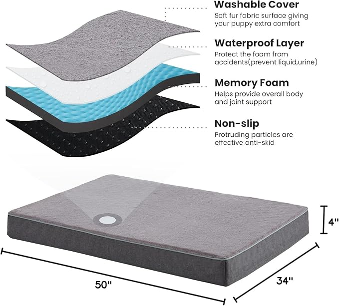 Cooling Dog Beds for Dogs, Orthopedic Memory Foam Dog Bed，Washable Pet Beds for Crate with Faux Fur Cover, Waterproof Lining (Grey, XXX-Large: 50" x 34" x 4")