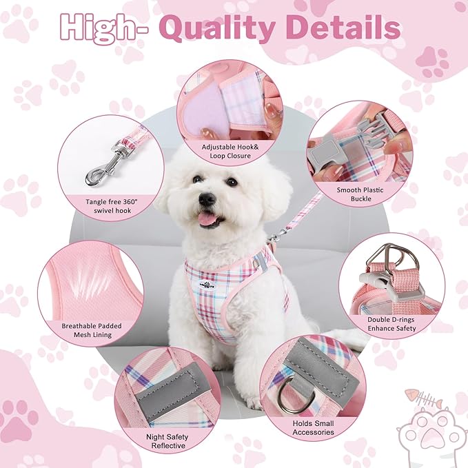 Gyuzh Dog Harness and Leash Set for Puppies - 3 Piece Step in No Pull Vest & Collar, Extra Small Kitten Harness, Breathable Reflective Plaid, Padded Leash (Pink, S)