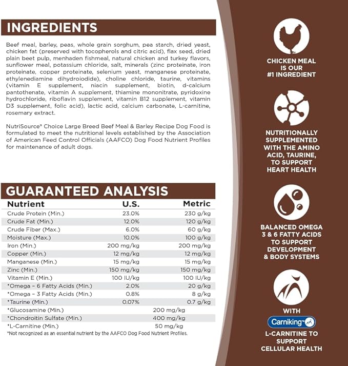 NutriSource Choice Dry Dog Food, Large Breed Beef Meal & Barley Recipe, 40 lb.