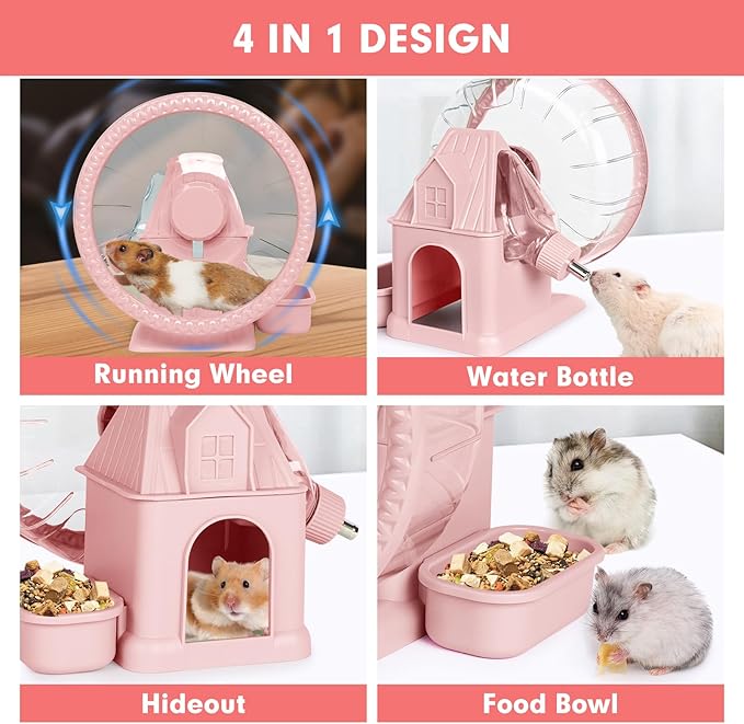 Vannon 4 in 1 Quiet Hamster Exercise Wheel, Multi Functional Hamster House with Running Wheel, Water Bottle, Food Bowl and Hideout, Small Animals Exercise Running Toys for Hamsters Gerbils Mice, Pink