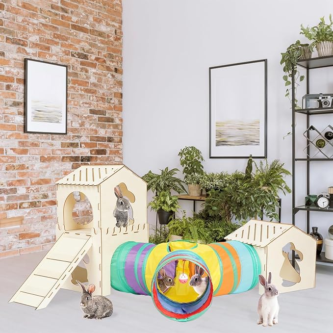 Extra Large Sturdy Rabbit Hideout with 3 Way Tunnels, Wooden Bunny Castle with Stairs, Rabbit Hideout Castle Tower Toys for Indoor Outdoor Play