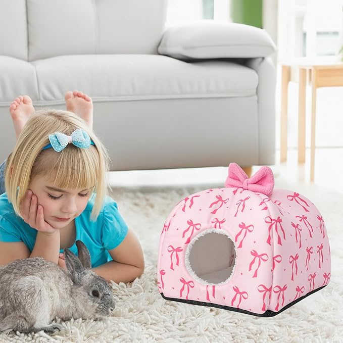 JarThenaAMCS Washable Guinea Pig House Bed Pink Bow Bunny Hideout Cage Accessories Reusable Hideaway for Ferret Hedgehog Small Animal, 9.5 x 9.5 x 8 Inch