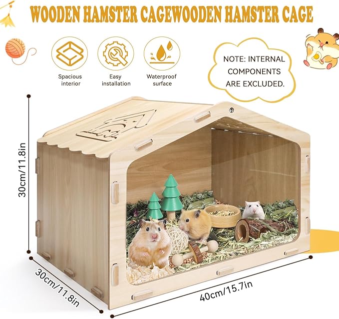 Wood Hamster Cage, 15.7×11.8×11.8in House-Shaped Hamster Enclosure with Transparent Design, Small Pet House for Dwarf Hamsters, Gerbils and Baby Fancy Rats, Gerbil Accessories (15.7×11.8×11.8 in)