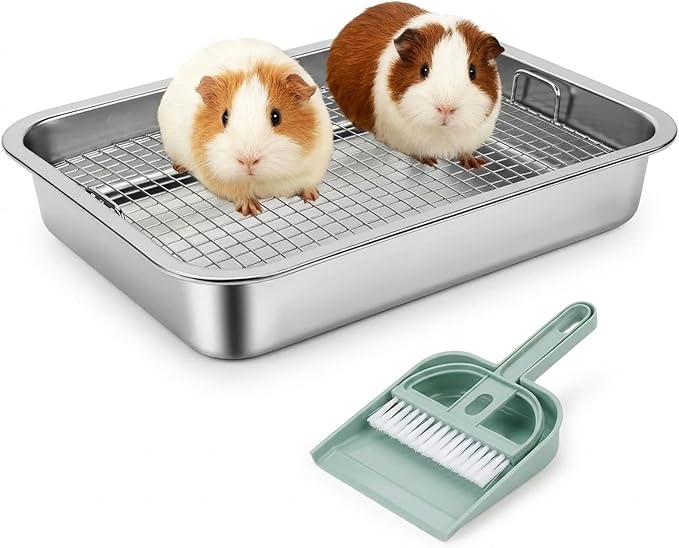 FHTONGE Stainless Steel Guinea Pig Litter Box for Cage, Stainless Steel Litter Pan for Rabbit Rat Hedgehog Hamster Ferret, Rectangular Chinchilla Metal Tray Small Animal Toilet Trainer with Grid