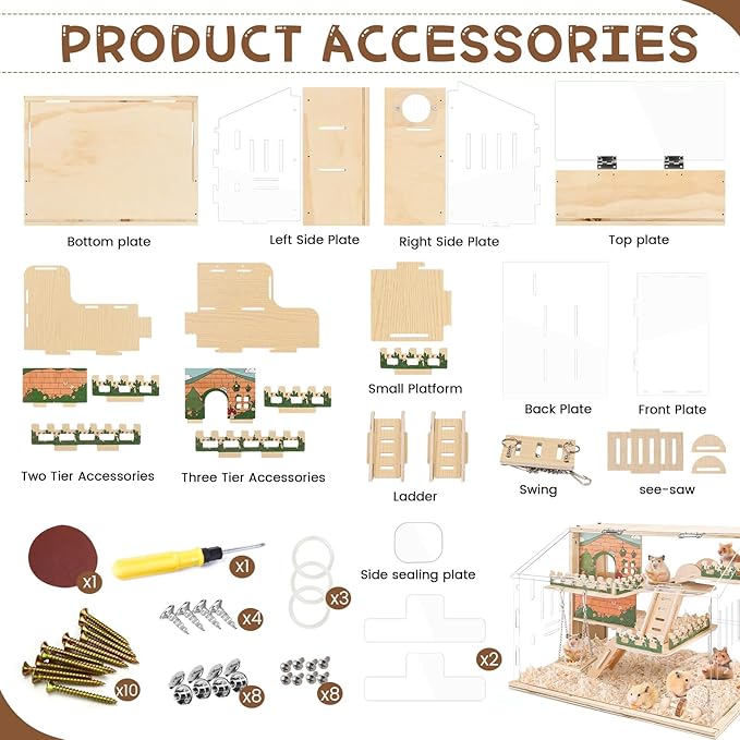 Wooden Hamster Cage Large, 16-Inch 3-Layer Acrylic Hamster Cage, Small Animal Cages with Platform and Playpen for Direct Observation, Pet Supplies