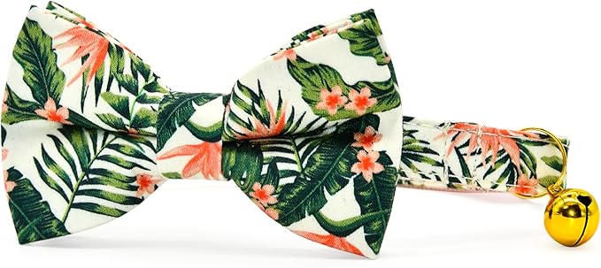 Bow Tie Cat Collar Set, Wedding/Birthday Gift for Cat, Summer Strelizia Flower Floral, Cat Accessories