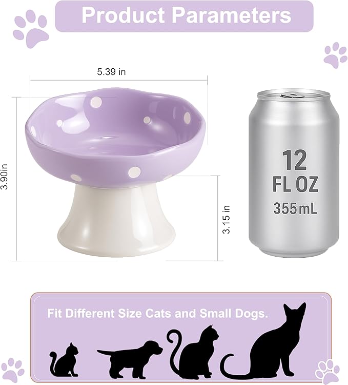 Ceramic Elevated Cat Bowls, Tilted Raised Pet Dish for Indoor Cats, Whisker Friendly Pet Food and Water Bowl for Kitten, Cat, Puppies, Dishwasher Safe (Purple)