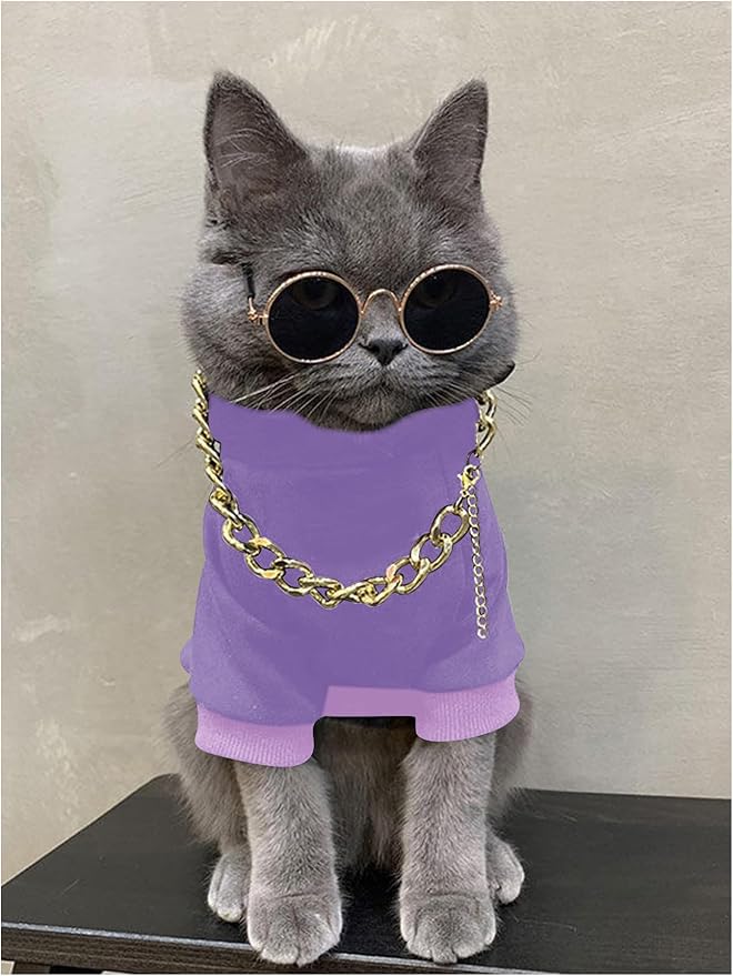 QWINEE 3Pcs Dog Hoodie Cat Apparel Dog Custume Set with Necklace and Sunglasses Pet Clothes for Puppy Small Medium Dogs Cats Mauve Purple Medium