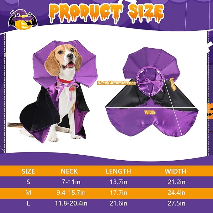 QKURT Cat Vampire Cloak-Pet Halloween Costumes, Dogs Cats Cape, Pet Cosplay Vampire Cloak & Accessories Costume Outfit for Halloween Party (Purple,L)