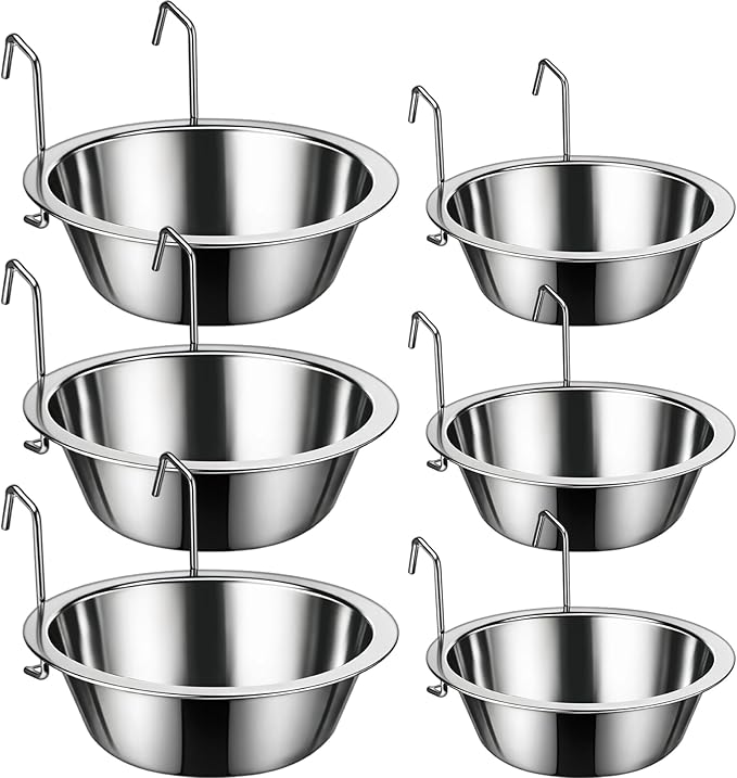 6 Pack Hanging Dog Kennel Bowls, No Spill Crate Water Bowl Food Feeder for Cage Removable Coop Cup with Hook Holder for Puppy Small Cat Ferret Rabbit Stainless Steel Dogs Dish 10 & 20oz