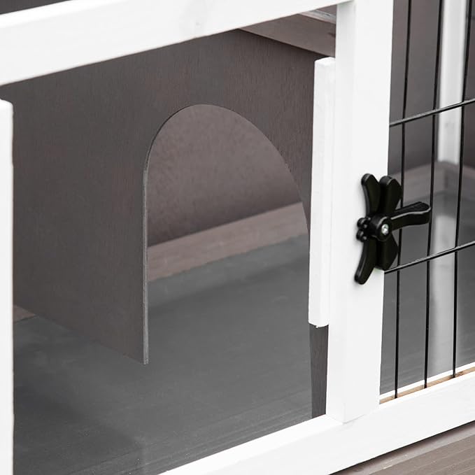 PawHut Elevated Wooden Rabbit Hutch, Indoor/Outdoor Bunny Cage with Hinged Asphalt Roof and Removable Tray for Guinea Pig, Brown