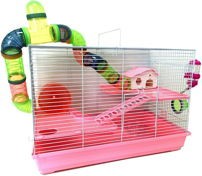 Pink Large Deluxe Dwarf Hamster Expandable and Customizable Habitat House Cage for Rodent Gerbil Mouse Mice Rat with Crossover Tube Tunnel