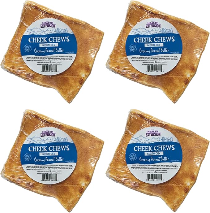 Health Extension Cheek Chews for Dogs – Non-GMO, Rawhide-Free Peanut Butter Flavor Training Treat, Durable for Aggressive Chewers, 4 Pack